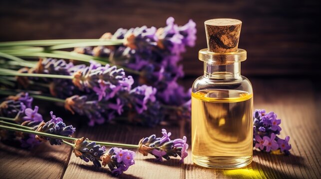 A bottle of essential oil with fresh lavender twigs