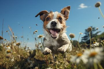 jumping jack russell terier puppit on green meadow