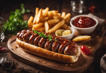 Rustic bratwurst with pommes and hot ketchup - obrazy, fototapety, plakaty