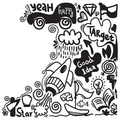 Creative art doodles hand drawn Design illustration with text happy,start,idea.