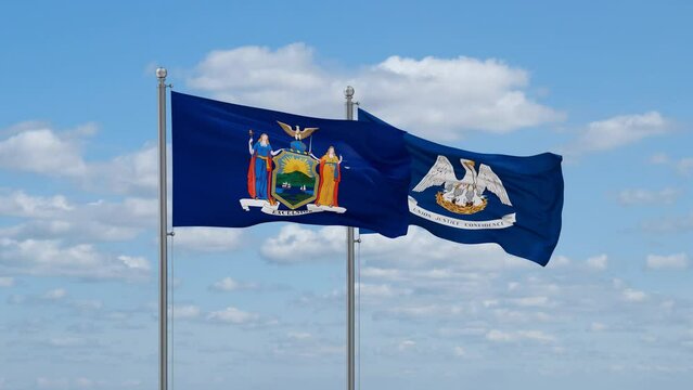 Louisiana and New York US state flags waving together on cloudy sky, endless seamless loop
