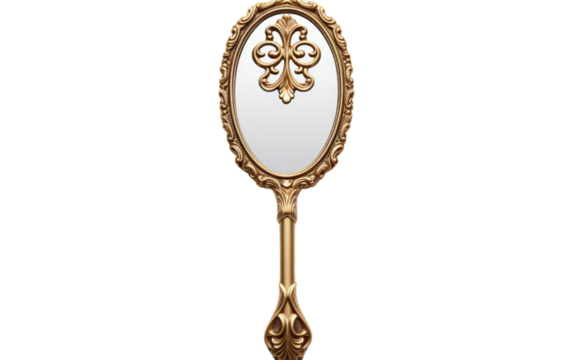 Timeless Beauty in Gold Handheld Mirror on White or PNG Transparent Background