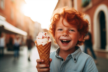 Red-haired boy grinning with ice cream.