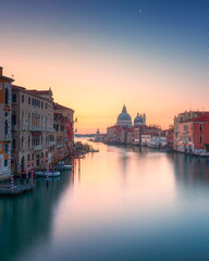 Venice grand canal, Santa Maria della Salute church landmark at sunrise. Italy