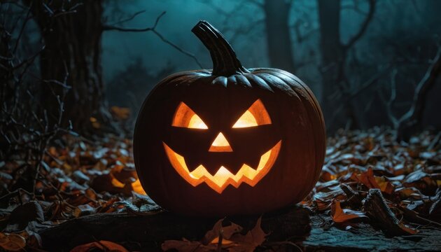  a carved jack - o - lantern sits in the leaves in a dark, spooky, spooky, spooky, spooky, spooky, spooky forest.