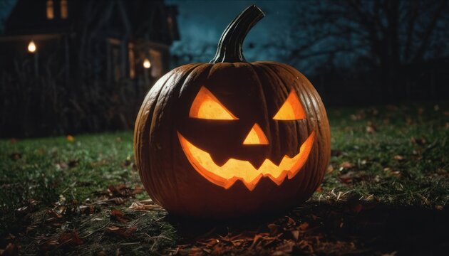  a carved jack o lantern sitting on top of a green grass covered field in front of a house at night with a full moon in the sky in the background.