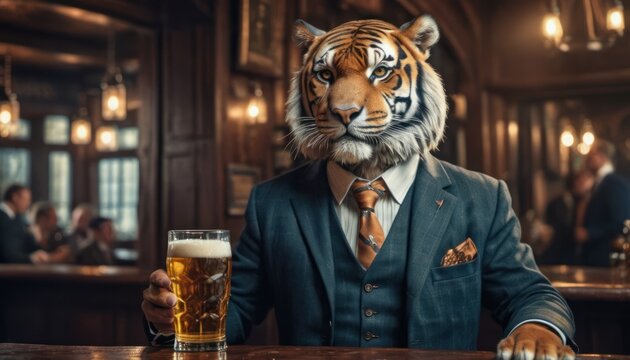  a man in a tiger mask sitting at a bar with a pint of beer in his hand and a pint of beer in his other hand in his other hand.