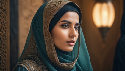  a close up of a woman wearing a headscarf and wearing a green shawl with a gold design on the side of her head and a lamp in the background. - obrazy, fototapety, plakaty