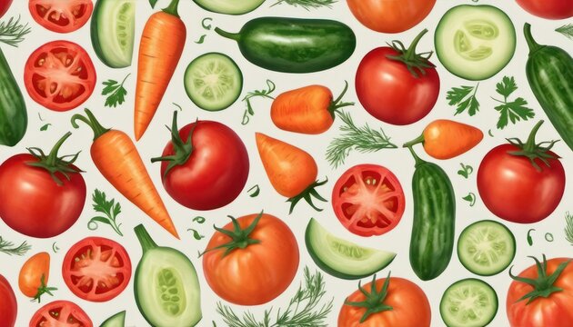  a bunch of tomatoes, cucumbers, carrots, and cucumbers on a white background with a pattern of green leaves, red, orange, yellow, and green, and red tomatoes.