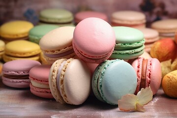 Colorful macaroons on a table, wallpaper with macaroons spread equally in soft pastel. Generative AI