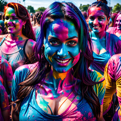 Fototapeta premium Waist-up portrait of cute sexy curvy women covered in colorful powder during holi celebrations.