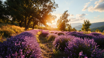 A serene lavender field at sunset with warm sunlight bathing the purple blooms and a scenic...