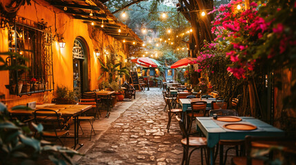 Fototapeta na wymiar Charming evening at a cozy outdoor restaurant with twinkling lights and a romantic ambiance.