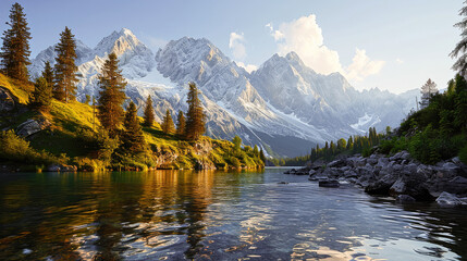 Serene mountain landscape with a crystal-clear lake reflecting snow-capped peaks surrounded by green forests at sunset.