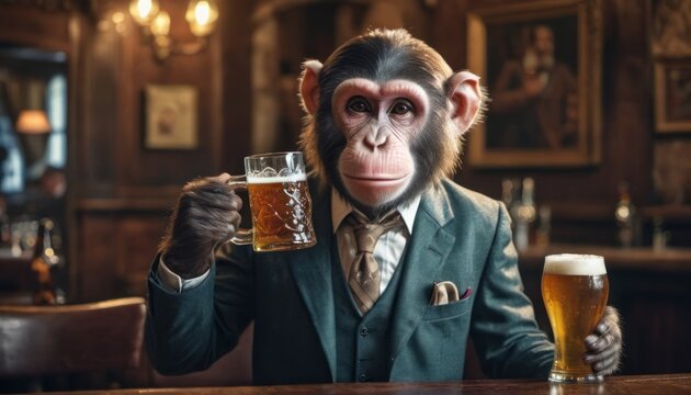  a monkey in a suit and tie holding a glass of beer in front of a bar with a picture of a man in a suit on the wall in the background.