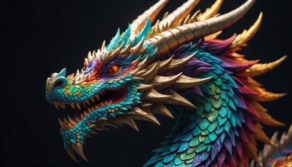  a close up of a colorful dragon statue on a black background with a black background behind the statue is a black background with a black background with a black backdrop.
