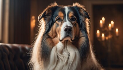  a close up of a dog sitting on a couch with a chandelier in the background and a candle lit room in the background with candles in the background.