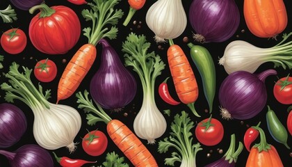  a bunch of different types of vegetables on a black background with red, orange, green, and white onions, carrots, onions, onions, and onions.