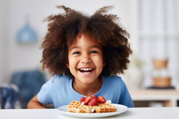 Black little girl having breakfast in a light kitchen - obrazy, fototapety, plakaty