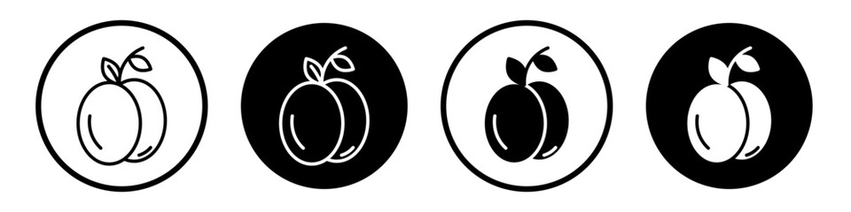 Apricot icon set. prune fruit vector symbol in black filled and outlined style. - obrazy, fototapety, plakaty