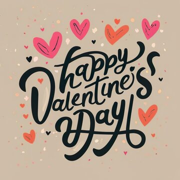 Happy Valentines Day greeting card. Calligraphic design for print cards, banner, poster Hand drawn text lettering for Valentines Day with hearts shape Vector illustration - Generative AI