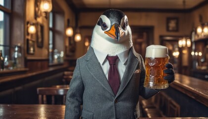  a penguin dressed in a suit and tie holding a beer in front of a bar with a penguin wearing a suit and tie holding a glass of beer in his hand.