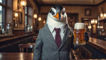 Foto op Plexiglas  a penguin dressed in a suit and tie holding a beer in front of a bar with a penguin wearing a suit and tie holding a glass of beer in his hand. © Jevjenijs
