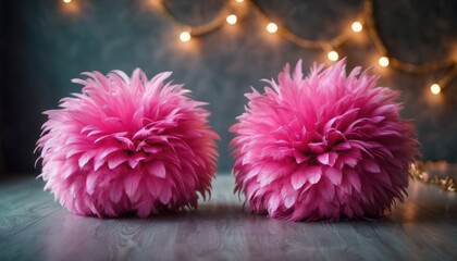  a pair of pink fluffy balls sitting on top of a wooden table next to a string of lights and a string of lights on the side of the wall behind them.