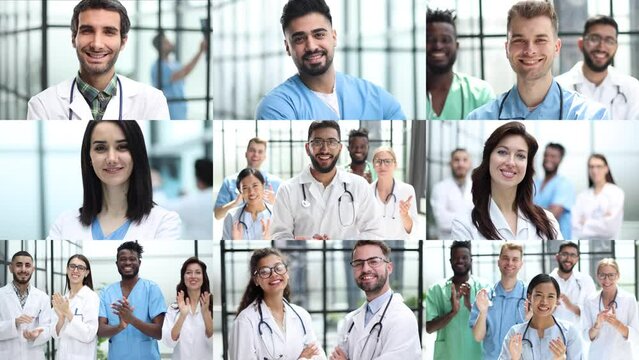 Medical workers, doctors and nurses pose smiling at the camera. Doctor career concept.
