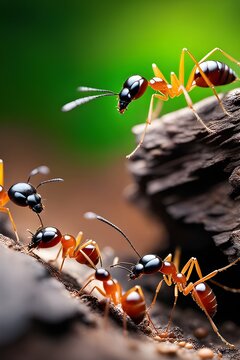 Get up close to a trail of ants as they carry food or navigate through their environment, revealing their industrious nature, background image, generative AI