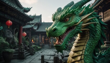  a green dragon statue sitting in front of a building with red lanterns hanging from it's roof and in front of it's walls is a stone courtyard.