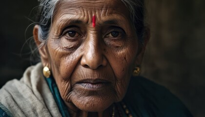  a close up of an old woman with a red cross on her forehead and a red cross on her forehead, looking at the camera with a serious look on her face.