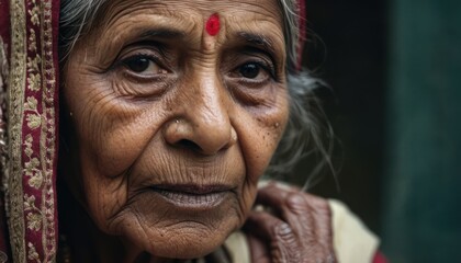  a close up of an old woman with a red forehead piece on her head and a red and gold head piece on her forehead with a red dot on her forehead.