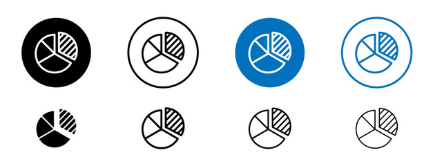Market share line icon set. Company business profit pie chart sign in black and blue color.