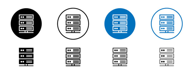 Web server line icon set. Data backup storage sign. Cloud storage hardware in black and blue color. - obrazy, fototapety, plakaty