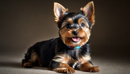  a small black and brown dog laying on top of a brown floor in front of a black and white background with a blue collar on it's face is looking at the camera.
