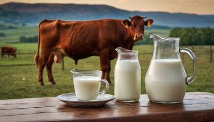  a pitcher of milk and a glass of milk sit on a wooden table in front of a cow grazing in a field behind a fenced in a grassy area.