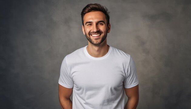  a smiling man in a white t - shirt is posing for a picture with his hands in his pockets and he is looking at the camera with a smile on his face.