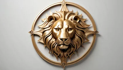 Poster  a golden lion head mounted to the side of a wall with a circular frame around it's face and a chain hanging from the side of it's neck. © Jevjenijs