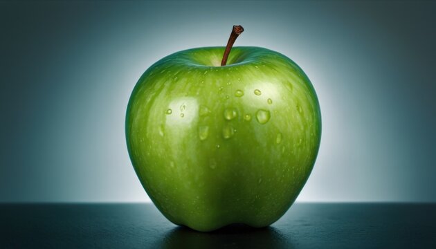  a green apple sitting on top of a table with drops of water on the top of the apple and the bottom half of the apple with water droplets on it.