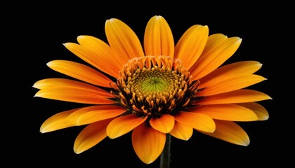  an orange flower with a green center on a black background with a white center on the center of the flower and a green center on the center of the center of the flower.