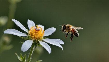  a bee flying over a white flower with a yellow stamen on it's back and a white flower with a yellow stamen on it's side.