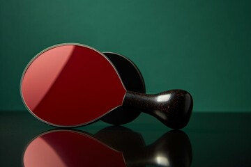 Red and black ping pong paddles and ball on green background. Generative AI