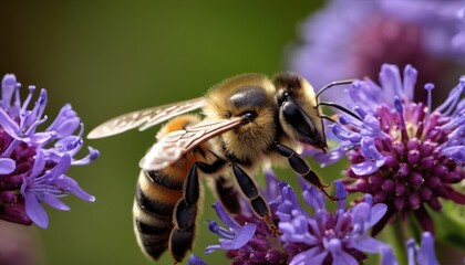  a close up of a bee on a flower with purple flowers in the foreground and in the background, a blurry image of a blurry green background.