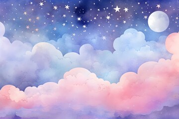 Watercolor starry night sky with fluffy clouds in shade of pastel colorful texture background banner