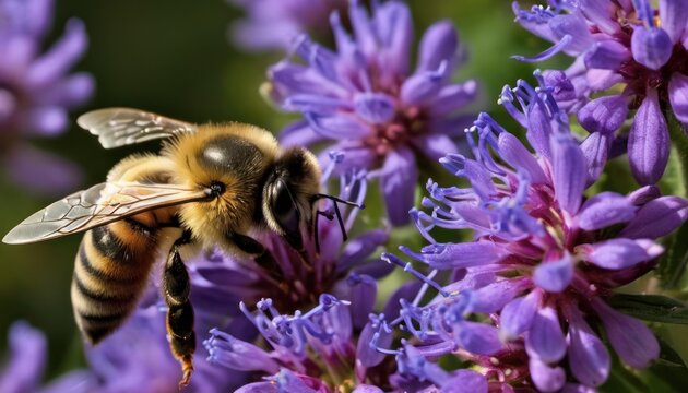  a close up of a bee on a flower with purple flowers in the foreground and in the background, there is a blurry image of a blurry background.