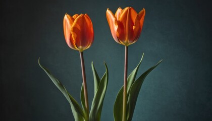  two orange tulips sitting in a vase on a table with a dark green wall behind them and a dark green wall behind them with a dark blue background.