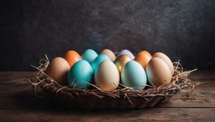  a basket filled with different colored eggs on top of a wooden table next to a black wall with a gold egg in the middle of the basket and a gold egg in the middle.