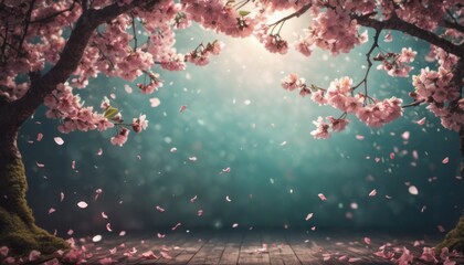  a wooden floor covered in pink flowers next to a tree with lots of petals flying in the air and a wooden platform in the foreground with a blue sky. - obrazy, fototapety, plakaty