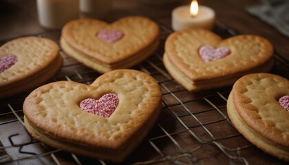  a close up of heart shaped cookies on a cooling rack with a lit candle in the background and a candle in the middle of the cookies on a cooling rack.